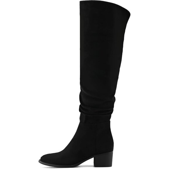 Women's Black Suede Over The Knee Thigh High Chunky Block Heel Pointed Toe Boots - Picture 2 of 7